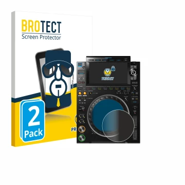 Front side of a product packaging with the brand logo BROTECT. Next to it is the device Pioneer CDJ 3000 (circle) shown with t