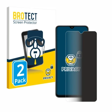 Front side of a product packaging with the brand logo BROTECT. Next to it is the device Samsung Galaxy A32 shown with the corr