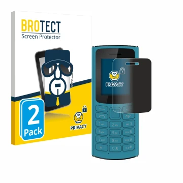 Front side of a product packaging with the brand logo BROTECT. Next to it is the device Nokia 105 4G 2021 shown with the corre