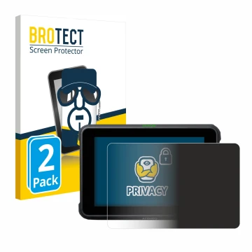 Front side of a product packaging with the brand logo BROTECT. Next to it is the device Atomos Shinobi 7 shown with the corres