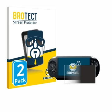 Front side of a product packaging with the brand logo BROTECT. Next to it is the device Sony Playstation PS Vita shown with th