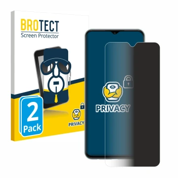 Front side of a product packaging with the brand logo BROTECT. Next to it is the device Samsung Galaxy M23 shown with the corr