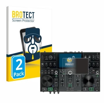 Front side of a product packaging with the brand logo BROTECT. Next to it is the device Denon DJ Prime Go shown with the corre
