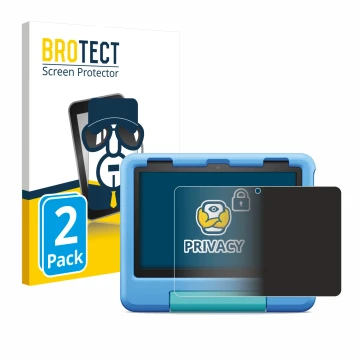 Front side of a product packaging with the brand logo BROTECT. Next to it is the device Amazon Fire HD 8 Kids 2022 shown with 