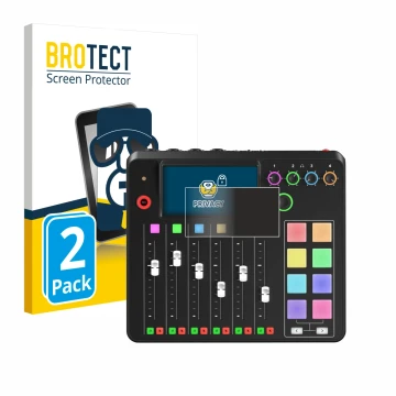 Front side of a product packaging with the brand logo BROTECT. Next to it is the device Rode Rodecaster Pro II shown with the 
