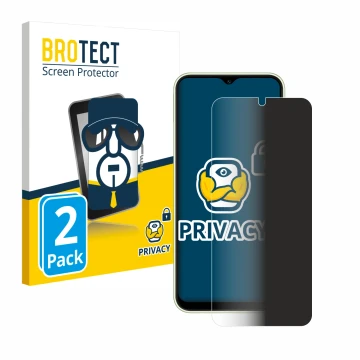 Front side of a product packaging with the brand logo BROTECT. Next to it is the device Samsung Galaxy A14 5G shown with the c