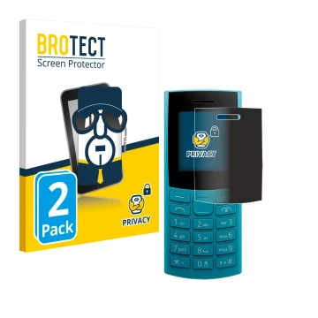 Front side of a product packaging with the brand logo BROTECT. Next to it is the device Nokia 105 4G (2023) shown with the cor