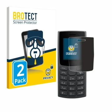 Front side of a product packaging with the brand logo BROTECT. Next to it is the device Nokia 105 (2023) shown with the corres