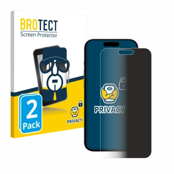 Front side of a product packaging with the brand logo BROTECT. Next to it is the device Apple iPhone 15 Plus shown with the co