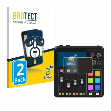 Front side of a product packaging with the brand logo BROTECT. Next to it is the device Rode Rodecaster Duo shown with the cor