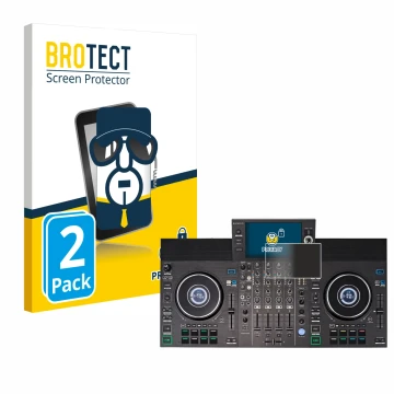 Front side of a product packaging with the brand logo BROTECT. Next to it is the device Denon DJ SC LIVE 4 shown with the corr
