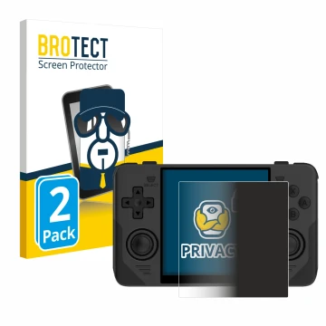 Front side of a product packaging with the brand logo BROTECT. Next to it is the device Powkiddy RGB30 shown with the correspo