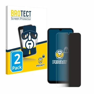 Front side of a product packaging with the brand logo BROTECT. Next to it is the device Samsung Galaxy A25 5G shown with the c