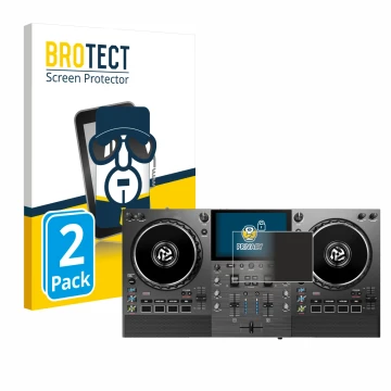 Front side of a product packaging with the brand logo BROTECT. Next to it is the device Numark Mixstream Pro Go shown with the