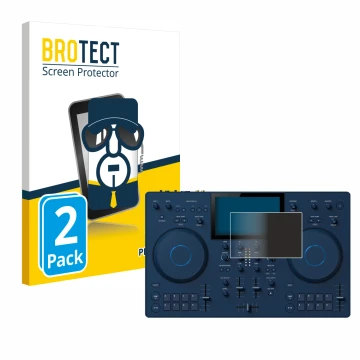 Front side of a product packaging with the brand logo BROTECT. Next to it is the device AlphaTheta OMNIS-Duo shown with the co