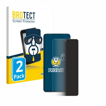 Front side of a product packaging with the brand logo BROTECT. Next to it is the device Xiaomi Poco F6 Pro shown with the corr