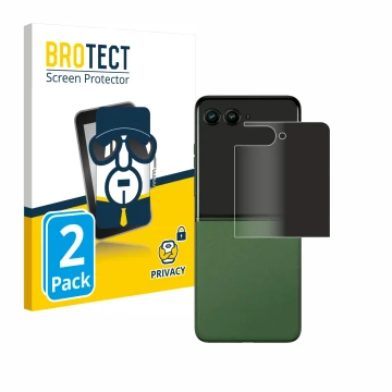 Front side of a product packaging with the brand logo BROTECT. Next to it is the device Motorola Razr 50 Ultra (Back display) 