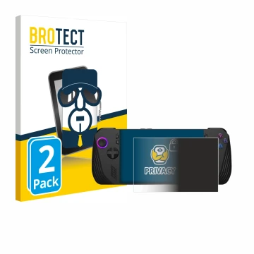 Front side of a product packaging with the brand logo BROTECT. Next to it is the device ASUS ROG Ally X (2024) shown with the 