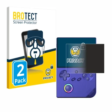 Front side of a product packaging with the brand logo BROTECT. Next to it is the device Anbernic RG40XXV shown with the corres