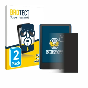 Front side of a product packaging with the brand logo BROTECT. Next to it is the device Amazon Kindle Kids (2024) shown with t