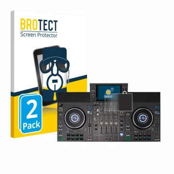 Front side of a product packaging with the brand logo BROTECT. Next to it is the device Denon DJ SC LIVE 4 (Jog) shown with th
