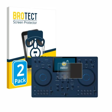 Front side of a product packaging with the brand logo BROTECT. Next to it is the device AlphaTheta OMNIS-Duo (Jog) shown with 