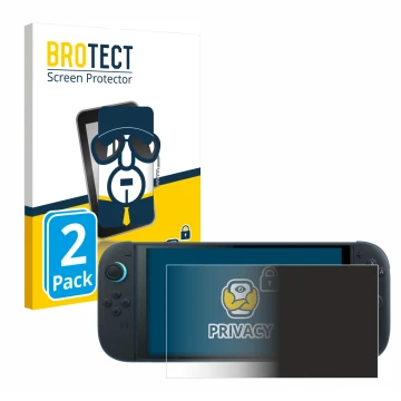 Front side of a product packaging with the brand logo BROTECT. Next to it is the device Nintendo Switch 2 shown with the corre