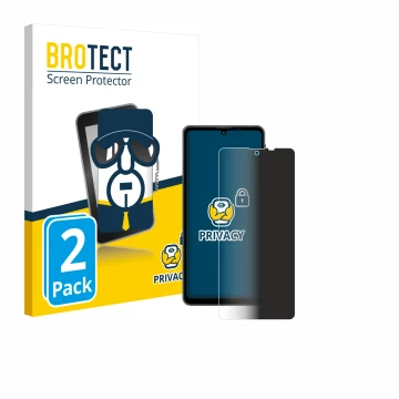 Front side of a product packaging with the brand logo BROTECT. Next to it is the device Sharp Aquos Sense 8 shown with the cor