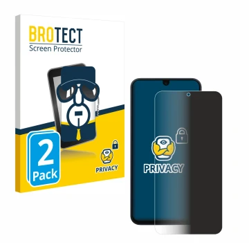 Front side of a product packaging with the brand logo BROTECT. Next to it is the device Samsung Galaxy A17 4G shown with the c