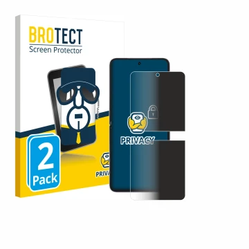 Front side of a product packaging with the brand logo BROTECT. Next to it is the device Honor Magic V Flip 2 shown with the co
