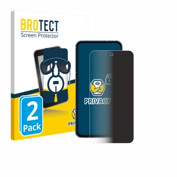 Front side of a product packaging with the brand logo BROTECT. Next to it is the device Sharp Aquos Sense 10 shown with the co