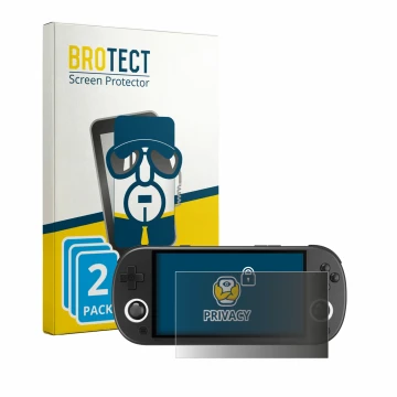 Front side of a product packaging with the brand logo BROTECT. Next to it is the device Trimui Smart Pro shown with the corres