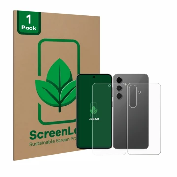 Front side of a product packaging with the brand logo ScreenLeaf. Next to it is the device Samsung Galaxy S24 FE (Front+Back) 