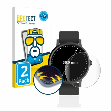 Front side of a product packaging with the brand logo BROTECT. Next to it is the device Watches (Circular, ø: 36 mm) shown wit