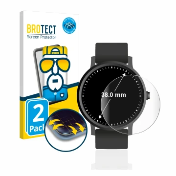 Front side of a product packaging with the brand logo BROTECT. Next to it is the device Watches (Circular, ø: 38 mm) shown wit