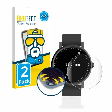 Front side of a product packaging with the brand logo BROTECT. Next to it is the device Watches (Circular, ø: 33 mm) shown wit