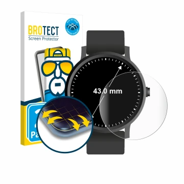 Front side of a product packaging with the brand logo BROTECT. Next to it is the device Watches (Circular, ø: 43 mm) shown wit