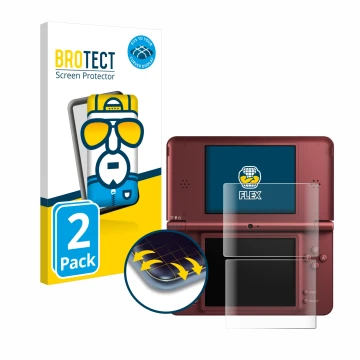 Front side of a product packaging with the brand logo BROTECT. Next to it is the device Nintendo DSi XL shown with the corresp