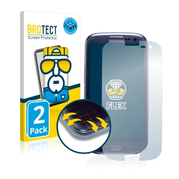Front side of a product packaging with the brand logo BROTECT. Next to it is the device Samsung Galaxy S3 I9300 shown with the