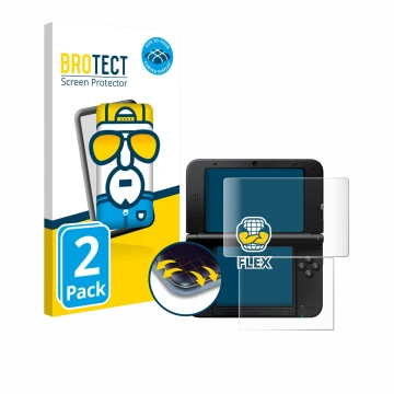 Front side of a product packaging with the brand logo BROTECT. Next to it is the device Nintendo 3DS XL SPM7800 shown with the