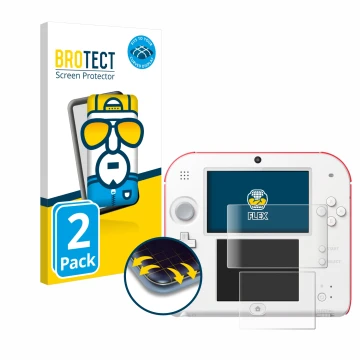 Front side of a product packaging with the brand logo BROTECT. Next to it is the device Nintendo 2DS shown with the correspond
