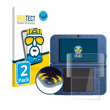Front side of a product packaging with the brand logo BROTECT. Next to it is the device Nintendo New 3DS XL shown with the cor