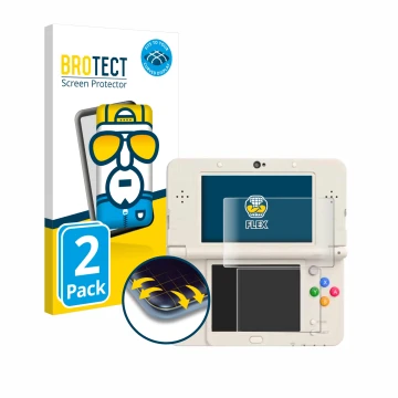 Front side of a product packaging with the brand logo BROTECT. Next to it is the device Nintendo New 3DS shown with the corres