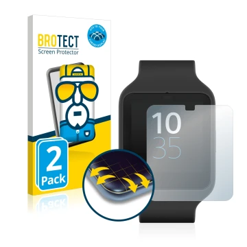Front side of a product packaging with the brand logo BROTECT. Next to it is the device Sony Smartwatch 3 SWR50 shown with the