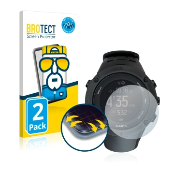 Front side of a product packaging with the brand logo BROTECT. Next to it is the device Suunto Ambit3 Peak Black shown with th