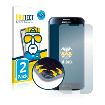 Front side of a product packaging with the brand logo BROTECT. Next to it is the device Samsung Galaxy S6 shown with the corre