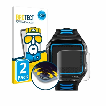 Front side of a product packaging with the brand logo BROTECT. Next to it is the device Garmin Forerunner 920XT shown with the