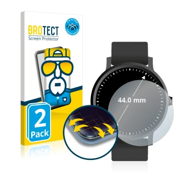Front side of a product packaging with the brand logo BROTECT. Next to it is the device Watches (Circular, ø: 44 mm) shown wit