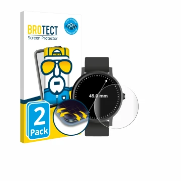 Front side of a product packaging with the brand logo BROTECT. Next to it is the device Watches (Circular, ø: 45 mm) shown wit