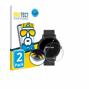 Front side of a product packaging with the brand logo BROTECT. Next to it is the device Watches (Circular, ø: 49 mm) shown wit